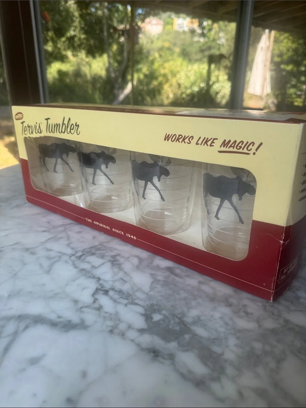 Tervis Tumbler set of four 16oz tall tumblers with moose design, vintage in box